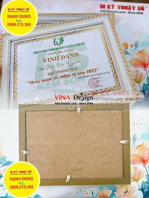 In bằng khen công ty vinh danh nhân viên đạt thành tích Hoàn thành tốt nhiệm vụ năm (lồng sẵn khung hoa văn) - INKTS1118