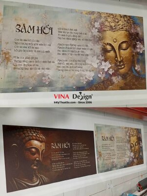 In tranh Diện Phật và Bài kệ Sám Hối tiêu nghiệp, in Canvas khổ lớn mực dầu - INKTS3685