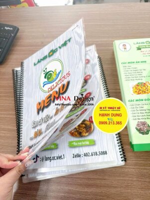 In menu quán ốc khổ A4 cầm tay, ép plastic cả cuốn, đóng gáy lò xo, hàng gửi đi California Mỹ từ TPHCM - INKTS3819