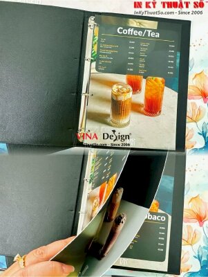 In ruột menu giấy C300gsm bồi 2 lớp, cán mờ 2 mặt, dập lỗ tròn, gắn bìa da khách đưa - INKTS1158