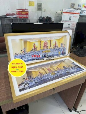 In ảnh kỷ niệm Khóa tu ngày an lạc tại Chùa, tranh Canvas mực dầu bóng, đóng khung viền vàng - INKTS3870