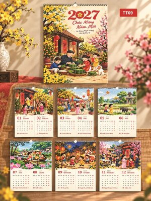 Làm lịch treo tường 7 tờ thiết kế riêng chủ đề Tết Cổ Truyền - Mã TT09 - INKTS2190