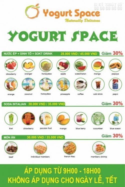Tờ rơi A5 khuyến mãi đồ ăn, thức uống cho Yogurt Space với hình ảnh minh họa chân thực và thiết kế đẹp