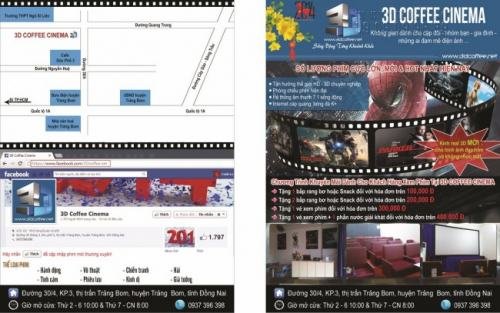 Tờ rơi màu quảng cáo cho rạp chiếu phim 3D Coffee Cinema có tích hợp bản đồ chỉ vị trí diễn ra các chương trình, sự kiện của Rạp chiếu phim