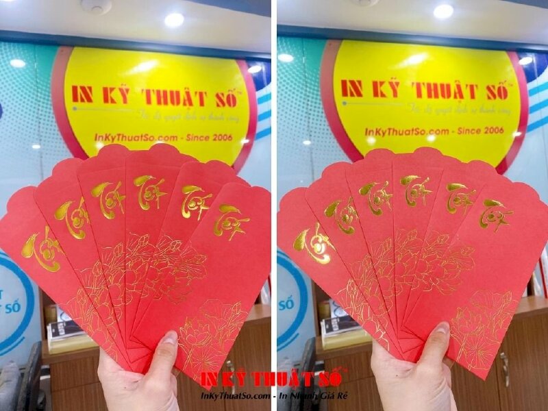 In bao lì xì ép kim - ép nhũ sang trọng, cán màng UV định vị logo, hoa văn trên nền giấy Ford đỏ nhung - Ảnh: 2