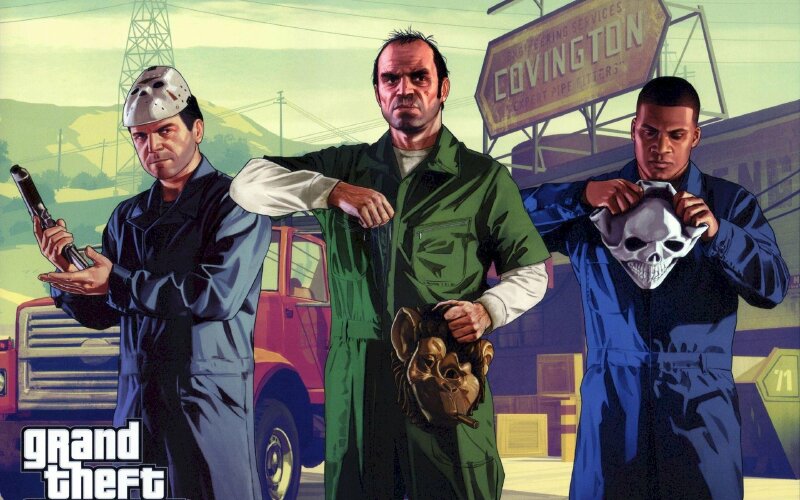 Ảnh Trevor Philips cùng Franklin và Michael mặc đồ chuẩn bị đeo mặt nạ cướp ngân hàng
