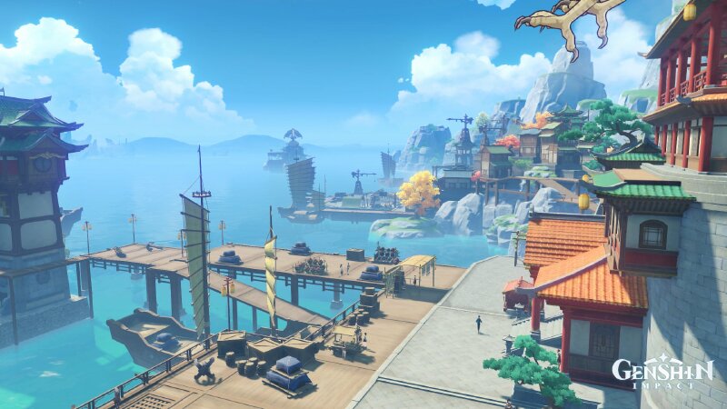 Ảnh Genshin Impact 4k phong cảnh thương cảng Liyue