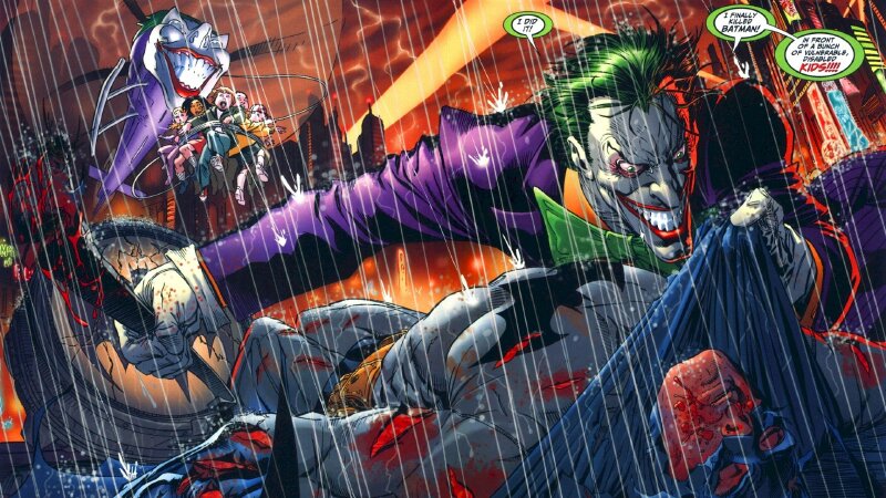 Ảnh Joker đang đánh Batman bằng một cây gậy sắt