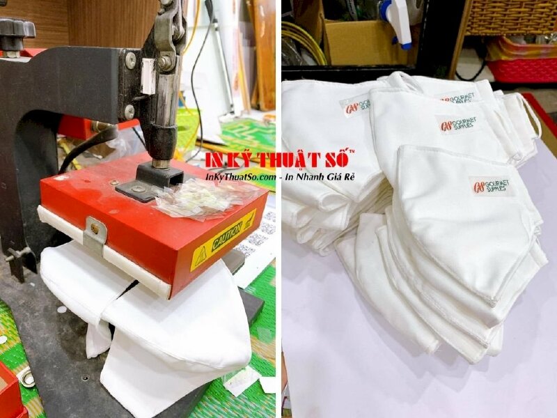 In Logo khẩu trang vải - dập, ép chuyển nhiệt lên khẩu trang vải chữ, số điện thoại, logo công ty - Ảnh: 2