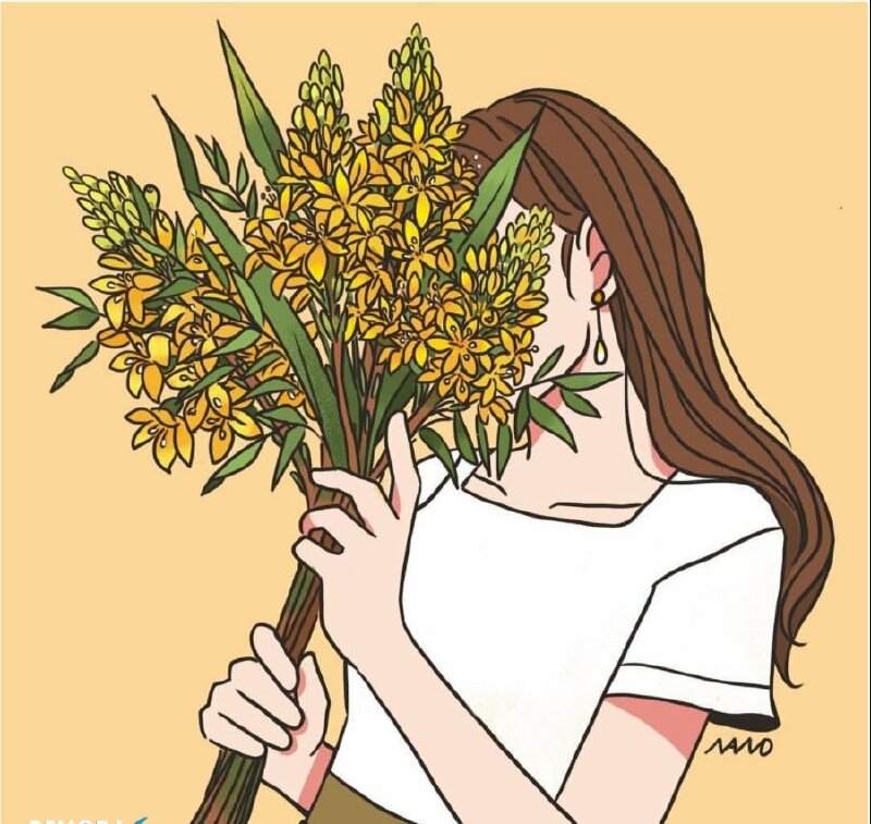 Ảnh cô gái cầm hoa anime che mặt buồn