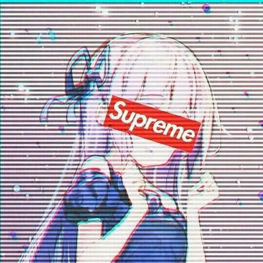 Ảnh anime nữ tóc trắng che mặt bằng biểu tượng Supreme