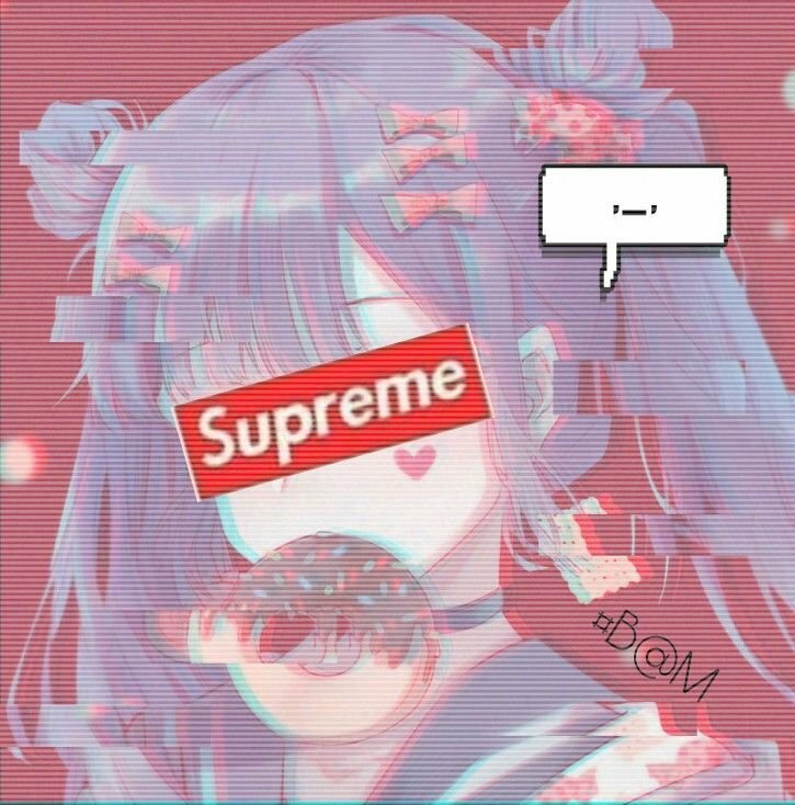 Ảnh anime nữ tóc xanh che mặt bằng biểu tượng Supreme
