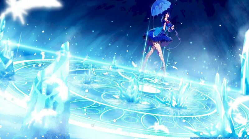 Hình nền cô gái cầm dù trên mặt biển xanh dương anime