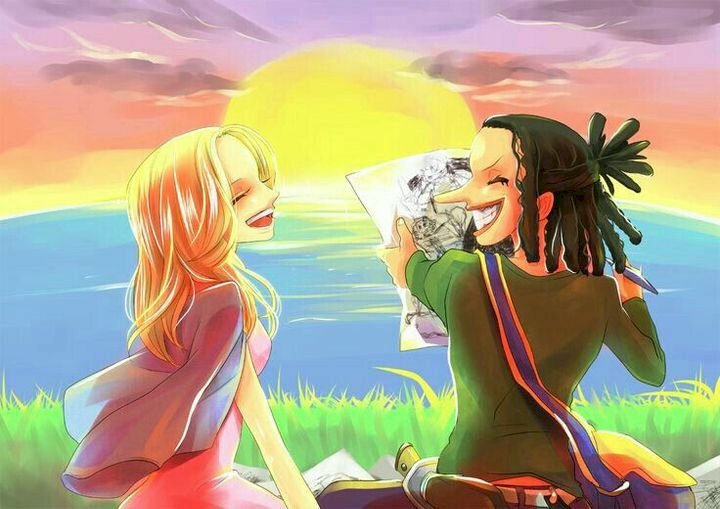 Ảnh Usopp và Kaya hạnh phúc ngồi bên bờ biển
