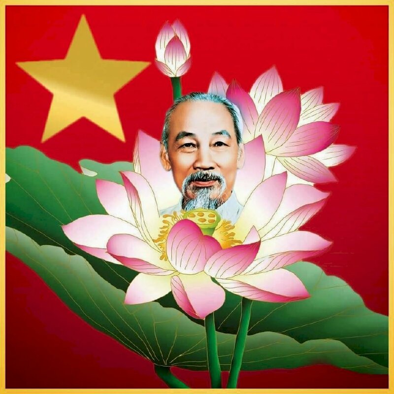 Hình nền hoa sen và Bác Hồ trên nền cờ đỏ sao vàng