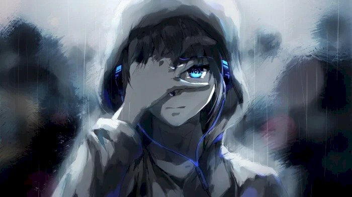 Anime trai buồn mặc áo hoodie có ánh mắt thật thu hút