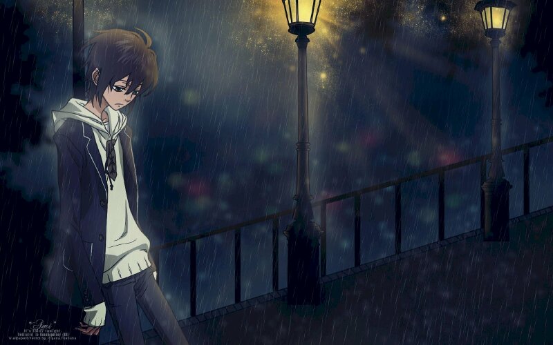 Anime chàng trai buồn đứng dưới mưa đêm