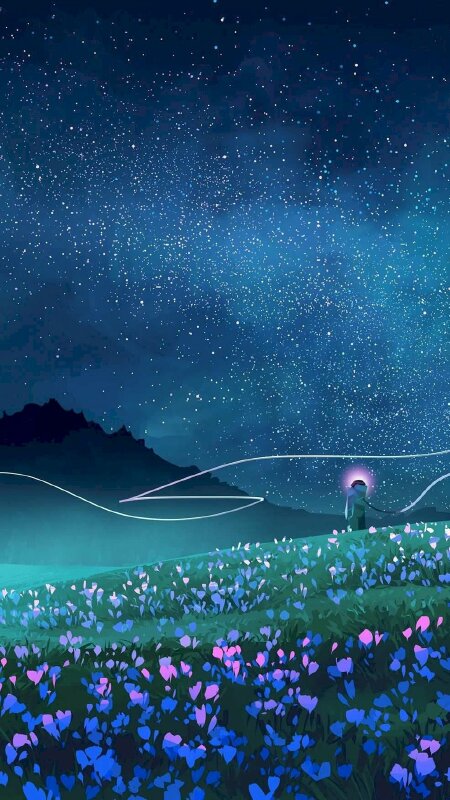 Hình nền Smartphone khung trời tối nhiều sao bên trên ngọn gò lênh láng hoa Anime