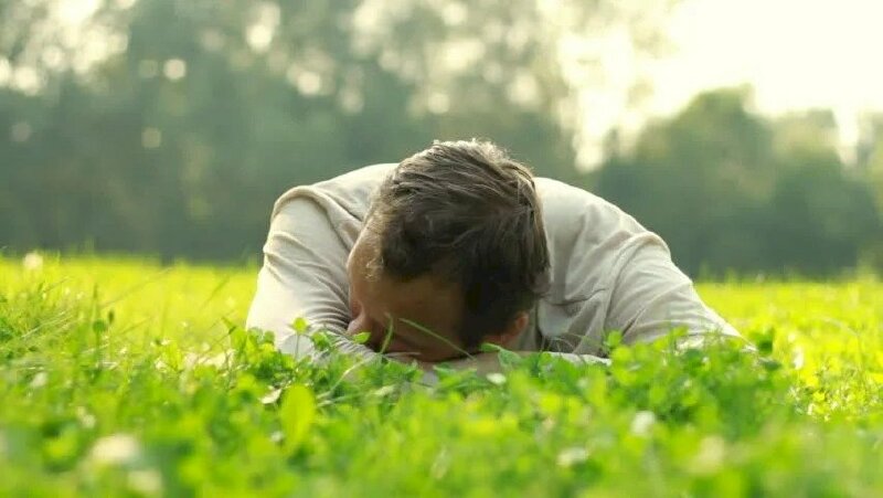 Chàng trai nằm úp mình trên cỏ như để được an ủi, xoa dịu sau bao muộn phiền, mệt mỏi