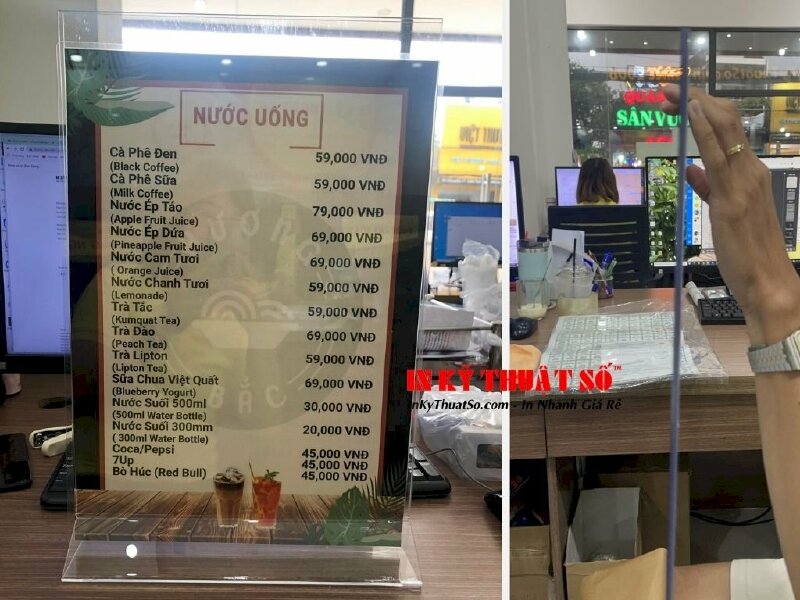 Mẫu menu ép plastic gắn chân đế mica chữ A - Ảnh: 1