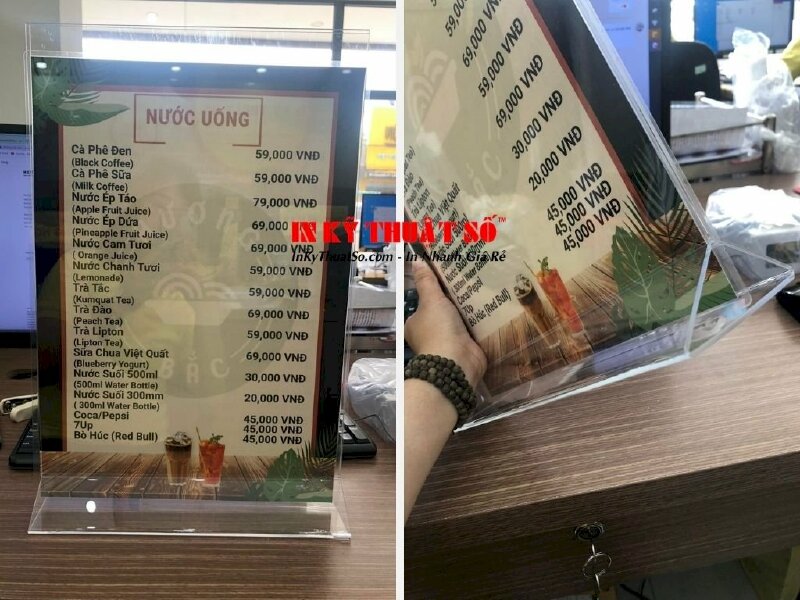 Mẫu menu ép plastic gắn chân đế mica chữ A - Ảnh: 2