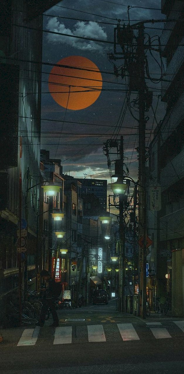 Hình nền đường phố Tokyo về đêm trăng rằm tuyệt đẹp cho điện thoại