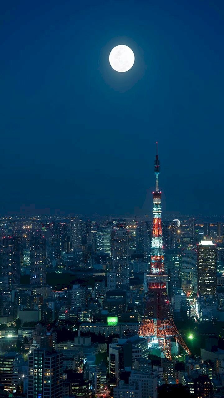 Hình nền điện thoại tháp Tokyo dưới đêm trăng, tháp Tokyo về đêm tuyệt đẹp