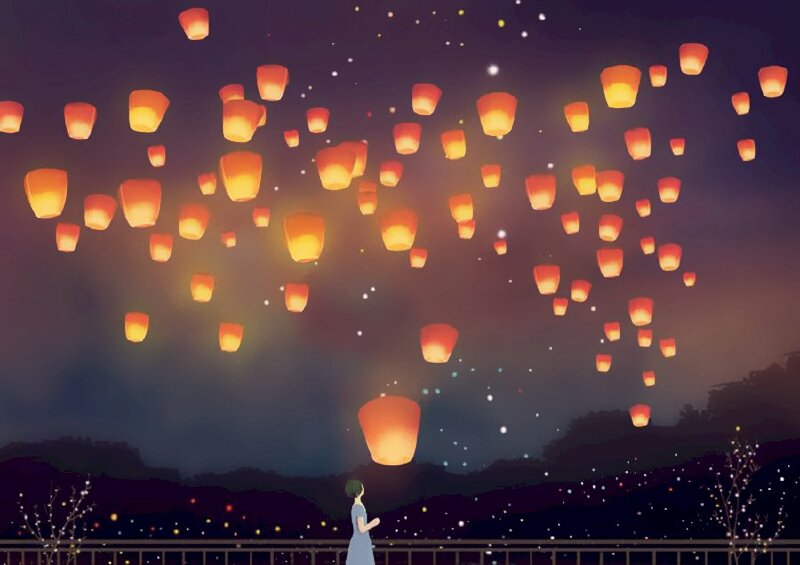 Tranh phong cảnh trung thu anime rực rỡ những chiếc đèn lồng 