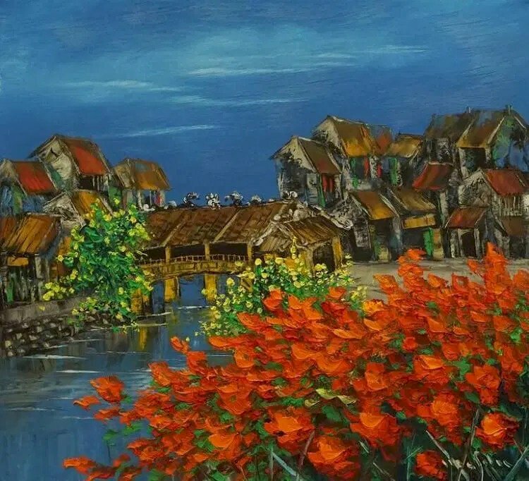 Tranh sơn dầu phố cổ Hội An với kiến trúc cổ kính