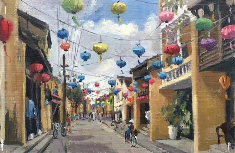 Tranh phong cảnh phố cổ Hội An nét đẹp xưa cổ trầm mặc rêu trong