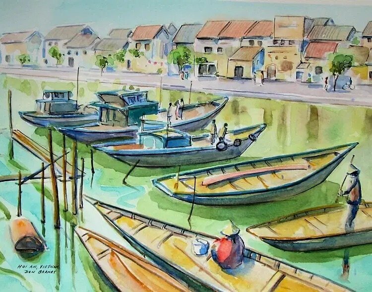 Tranh phong cảnh phố cổ con sông Thu Bồn chảy qua Hội An
