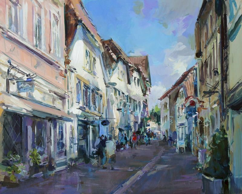 Tranh phong cảnh con đường phố cổ ở Châu Âu đẹp