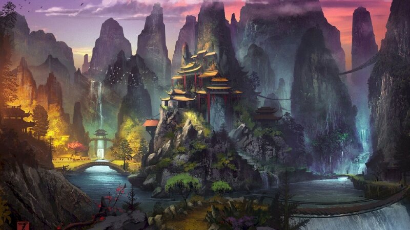 Tranh phong cảnh Trung Quốc trấn cổ đẹp