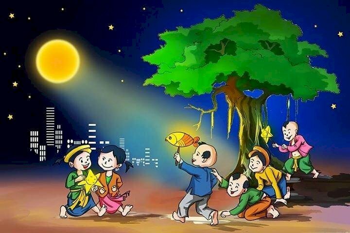 Tranh vẽ phong cảnh trung thu rước đèn đi chơi 