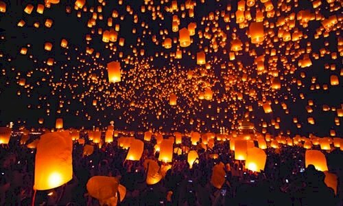 Tranh phong cảnh trung thu sum vầy thả đèn lồng 