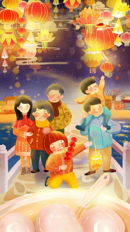 Tranh phong cảnh trung thu gia đình sum vầy đi rước đèn 