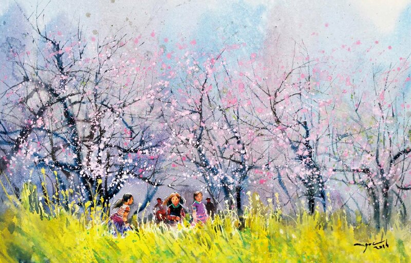 Tranh sơn dầu phong cảnh mùa xuân ở làng quê