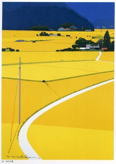 Tranh vẽ phong cảnh hiện đại những ngôi nhà bên cánh đồng 