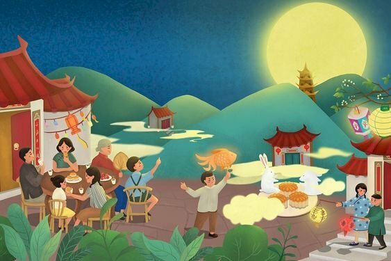 Tranh phong cảnh gia đình sum vầy đêm trung thu sum vầy