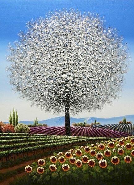 Tranh sơn dầu phong cảnh hiện đại cây hoa màu trắng