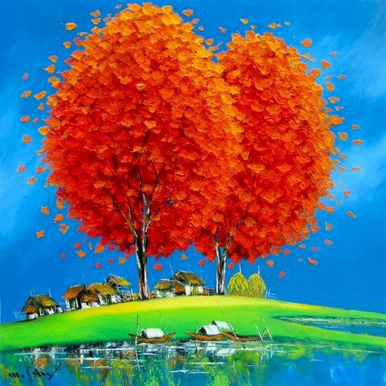 Tranh sơn dầu phong cảnh hiện đại cây hoa màu cam 