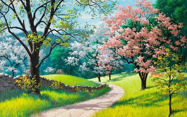 Tranh phong cảnh con đường mùa xuân hoa nở rực rỡ