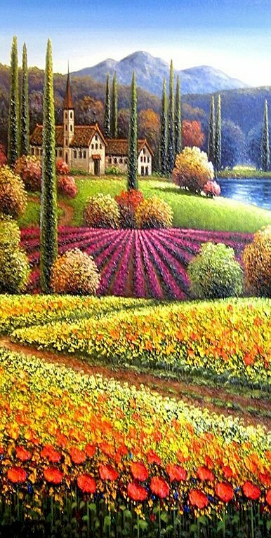 Tranh sơn dầu phong cảnh hiện đại vườn hoa rực rỡ sắc màu 
