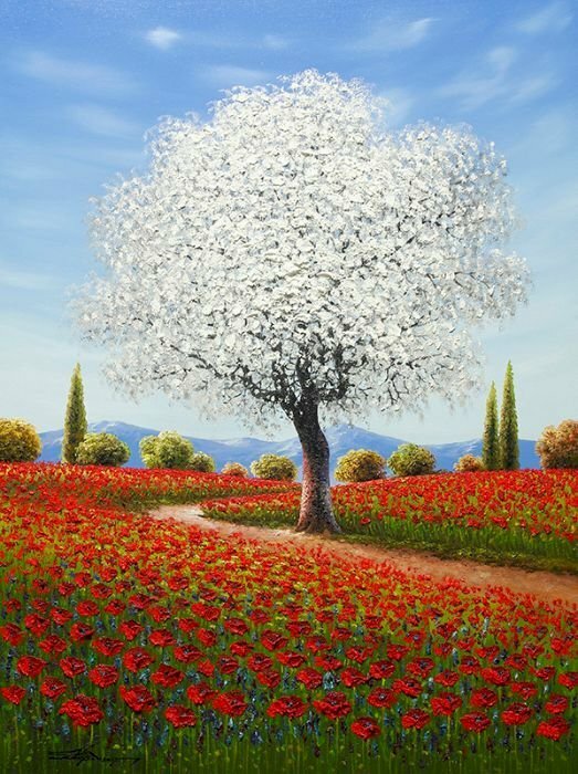 Tranh sơn dầu phong cảnh hiện đại về cánh đồng hoa 