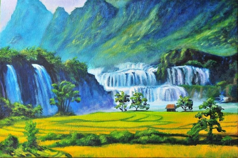 LÊ SÂM  vẽ tranh sơn dầu tranh phong cảnh Việt Nam thác Bản Giốc