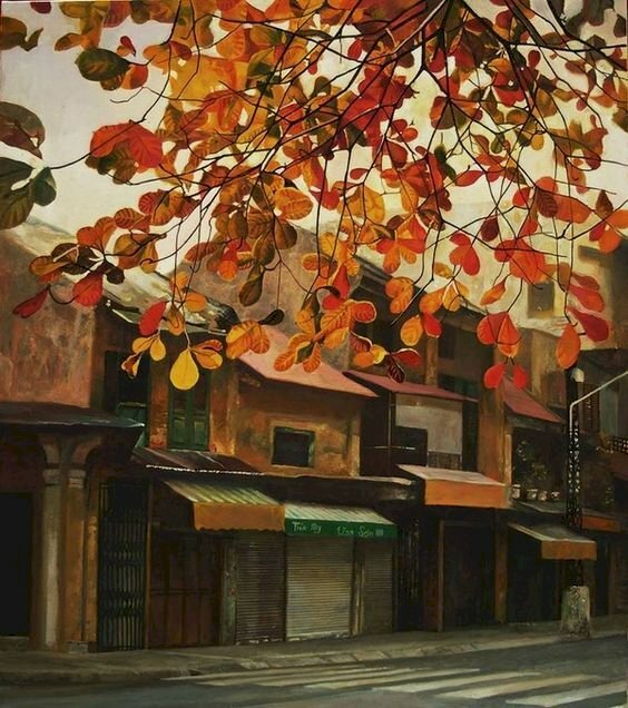 Tranh phong cảnh phố cổ sáng sớm bình yên