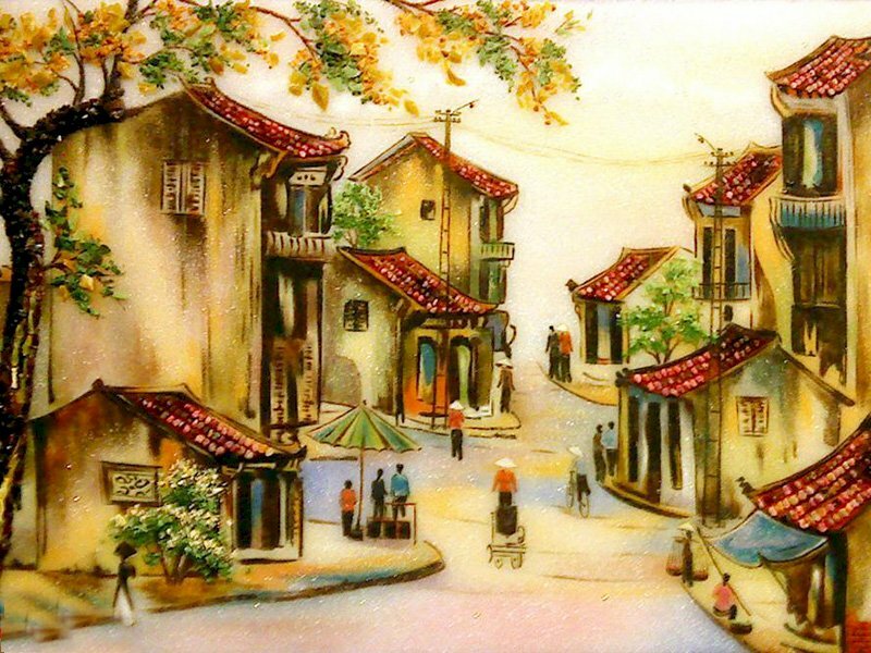 Tranh phong cảnh phố cổ xưa nhộn nhịp