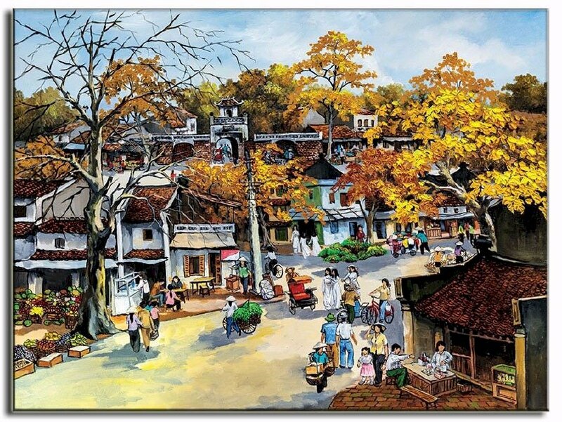 Tranh phong cảnh phố cổ Hà Nội lô nhô nhưng ngôi nhà nối tiếp nhau từ dãy phố này đến dãy phố khác