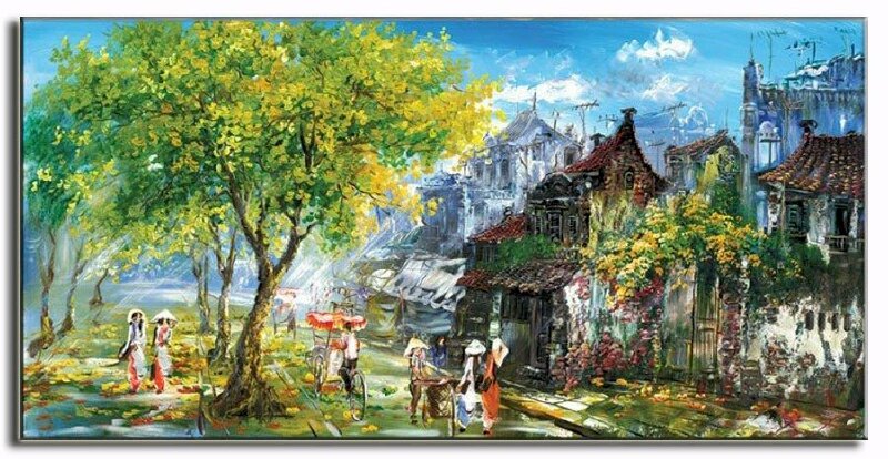 Tranh phong cảnh phố cổ Hà Nội với nhiều kiến trúc chùa cổ, đình làng, đền, miếu, quán