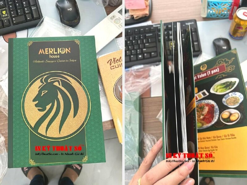 Menu bìa bồi, ruột bồi thẳng giấy C300gsm, cán mờ 2 mặt, dán gáy hoàn chỉnh - In Kỹ Thuật Số Since 2006